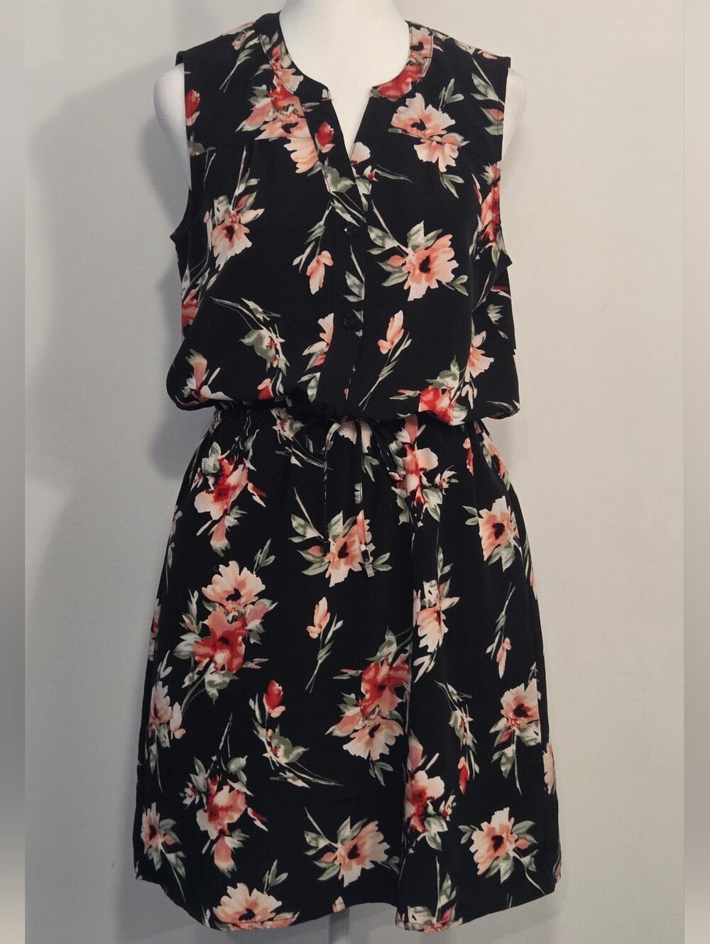 Black Floral Sleeveless Dress with Coral Blooms